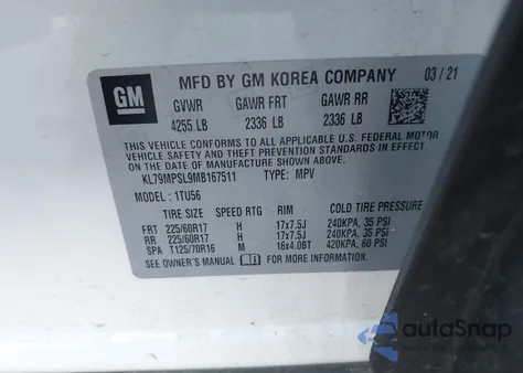 2021 Chevrolet Trailblazer Fwd Lt z USA, uszkodzony, nr VIN KL79MPSL9MB167511